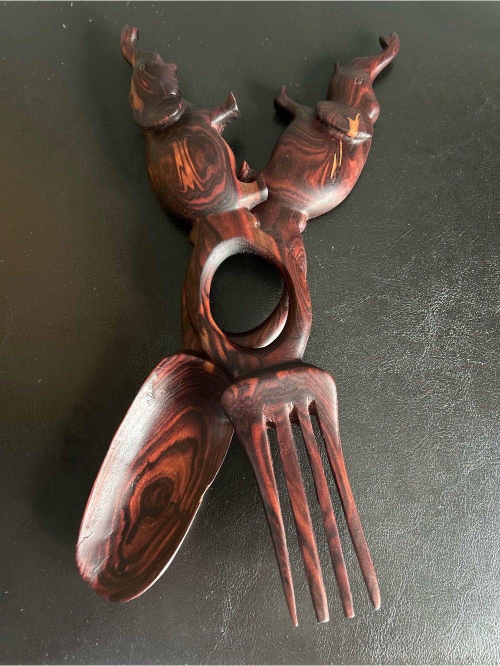 Vintage Wooden Carved Elephant Topped Salad Serving Utensils